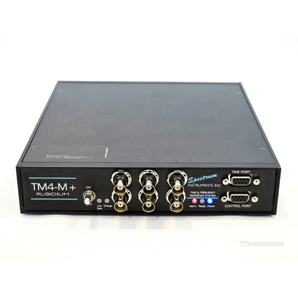Spectrum Instruments TM4-M+ Rubidium front panel showing six BNC outputs, Alarm, Ready, Power LEDs, and DB-9 serial ports