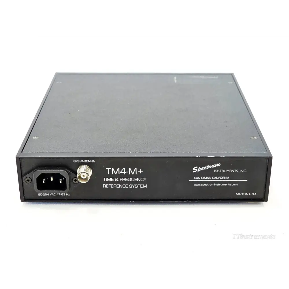 Spectrum Instruments TM4-M+ rear panel showing IEC AC inlet, GPS antenna BNC input, and product identification label