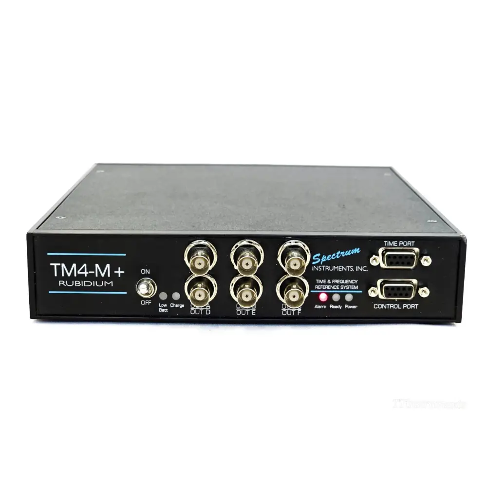 TM4-M+ Rubidium front panel close-up showing OUT D, OUT E, OUT F BNC connectors, Time Port and Control Port DB-9s