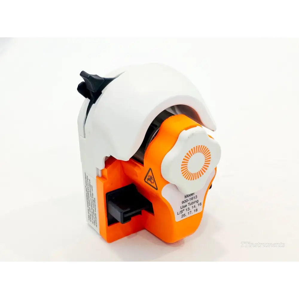 Spectrum Labs 900-1613 KrosFlo KR2i Easy-Load Pump Head — angled front-right view showing orange body, occlusion knob, and tubing size label