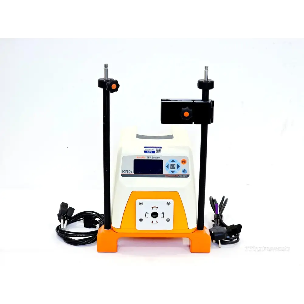Spectrum Labs KrosFlo KR2i TFF System front view with stand, clamp holder, power lead and interface cable