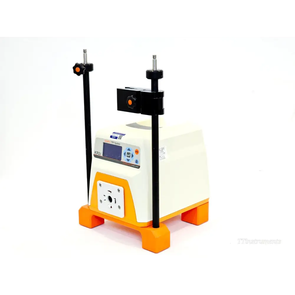 KrosFlo KR2i TFF System right-side angle showing LCD display panel, stand rods and orange base feet