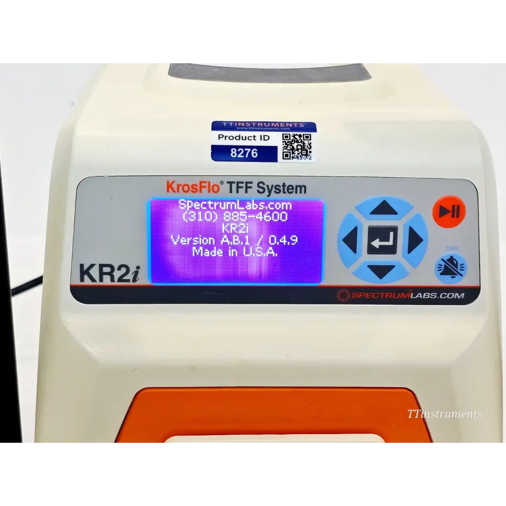 KrosFlo KR2i LCD startup screen showing firmware version A.B.1 / 0.4.9 and SpectrumLabs.com contact info