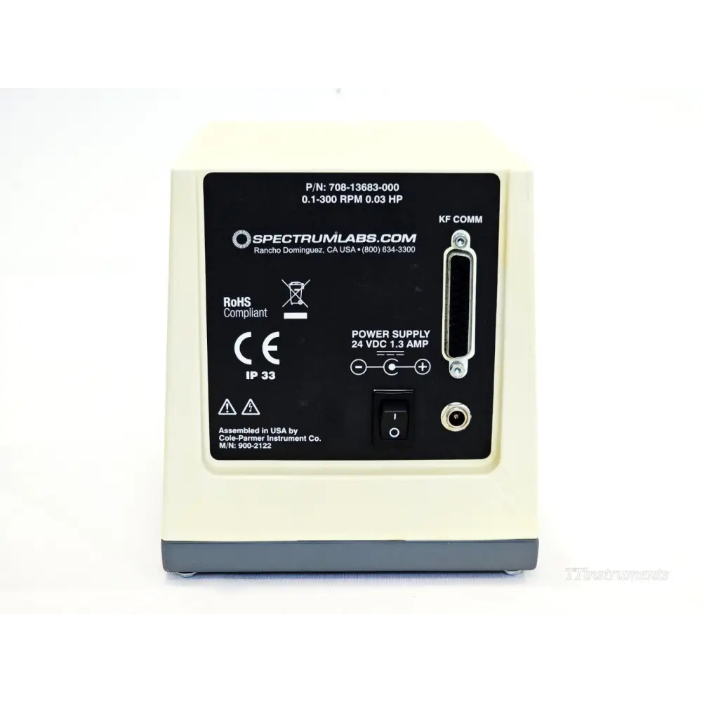 KrosFlo KRJr rear panel showing P/N 708-13683-000, 0.1-300 RPM, KF COMM DB25 port, power switch and 24VDC input