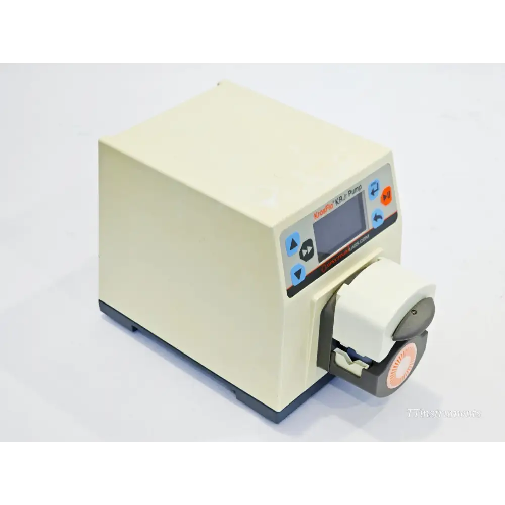 KrosFlo KRJr Peristaltic Pump right-side angle view showing pump head rotor and LCD control panel