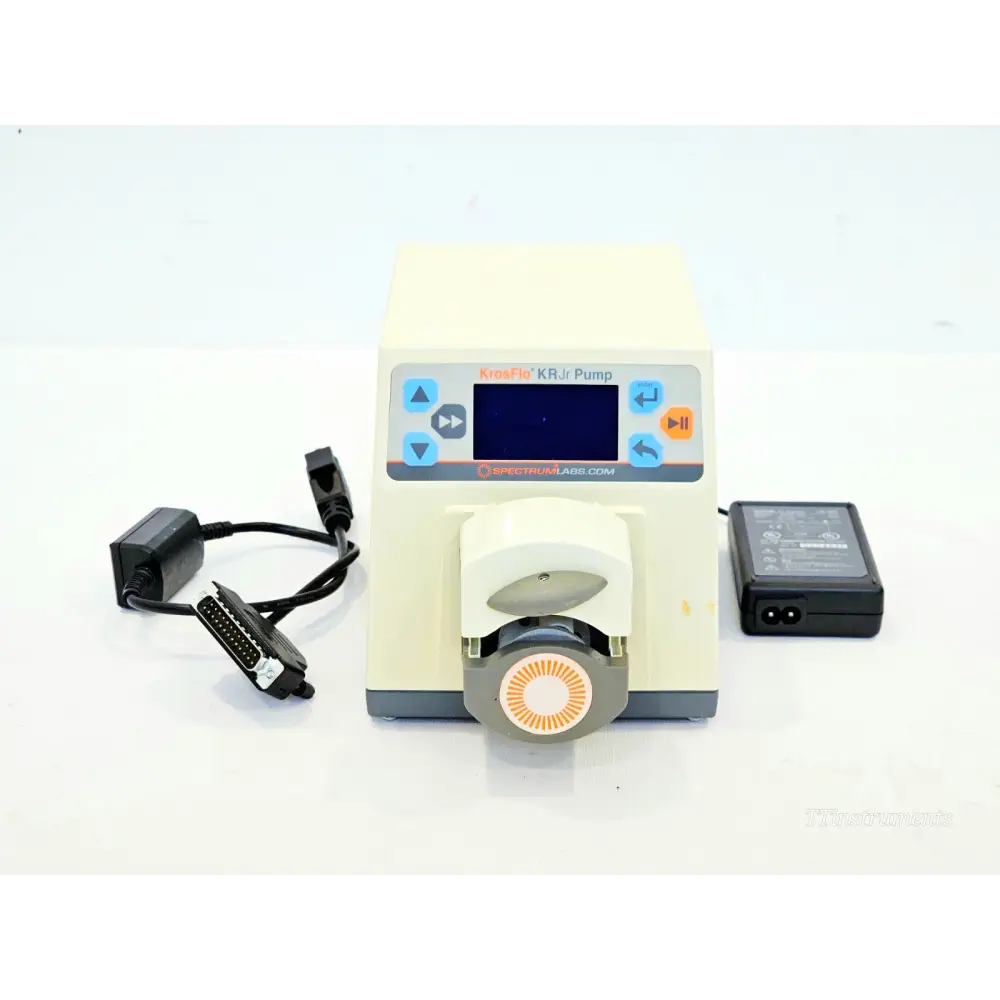 Spectrum Labs KrosFlo KRJr Peristaltic Pump front view with pump head, DB25 KF COMM cable and power supply