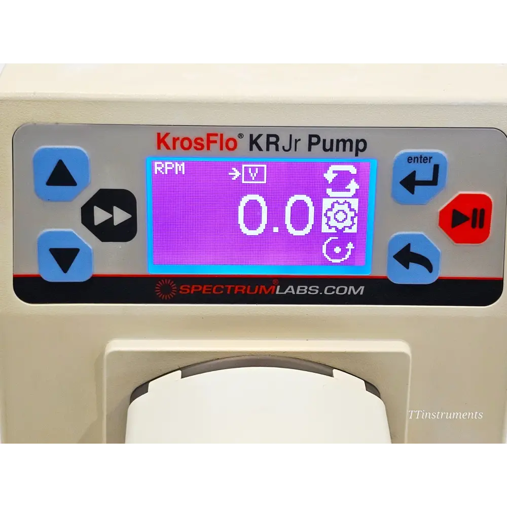 KrosFlo KRJr Pump LCD operating screen showing RPM display at 0.0 with run controls and direction icons
