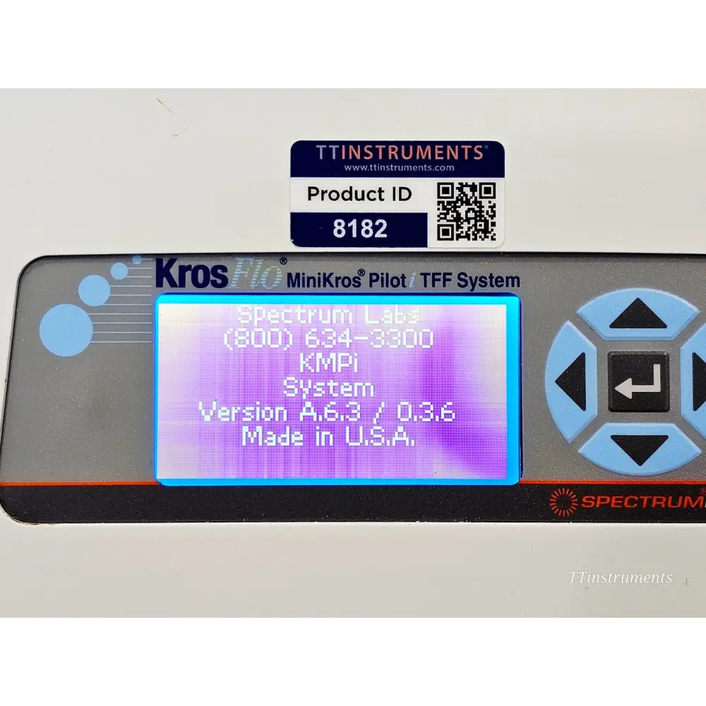 KrosFlo MiniKros Pilot i 900-1939 LCD screen showing firmware Version A.6.3 / 0.3.6 and TTInstruments product ID 8182
