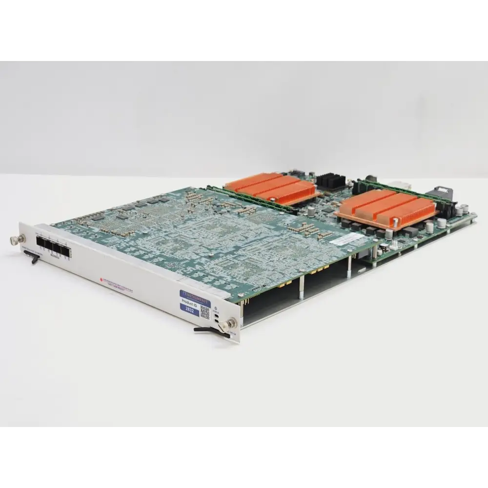 Spirent MX2-10G-S4 test module — angled left side view showing full PCB layout and orange heatsinks