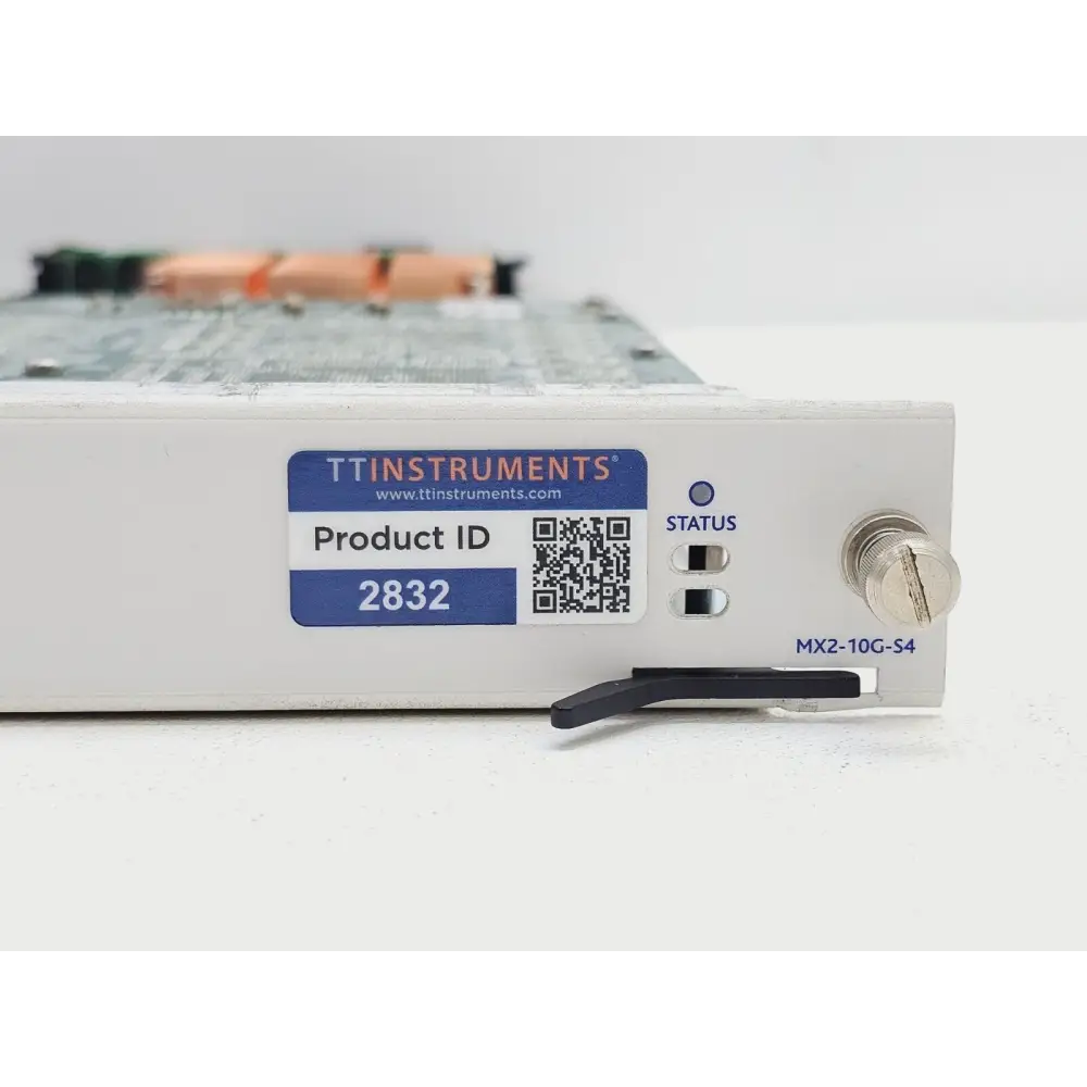 Spirent MX2-10G-S4 right-side faceplate showing TT Instruments Product ID 2832 label and MX2-10G-S4 model number