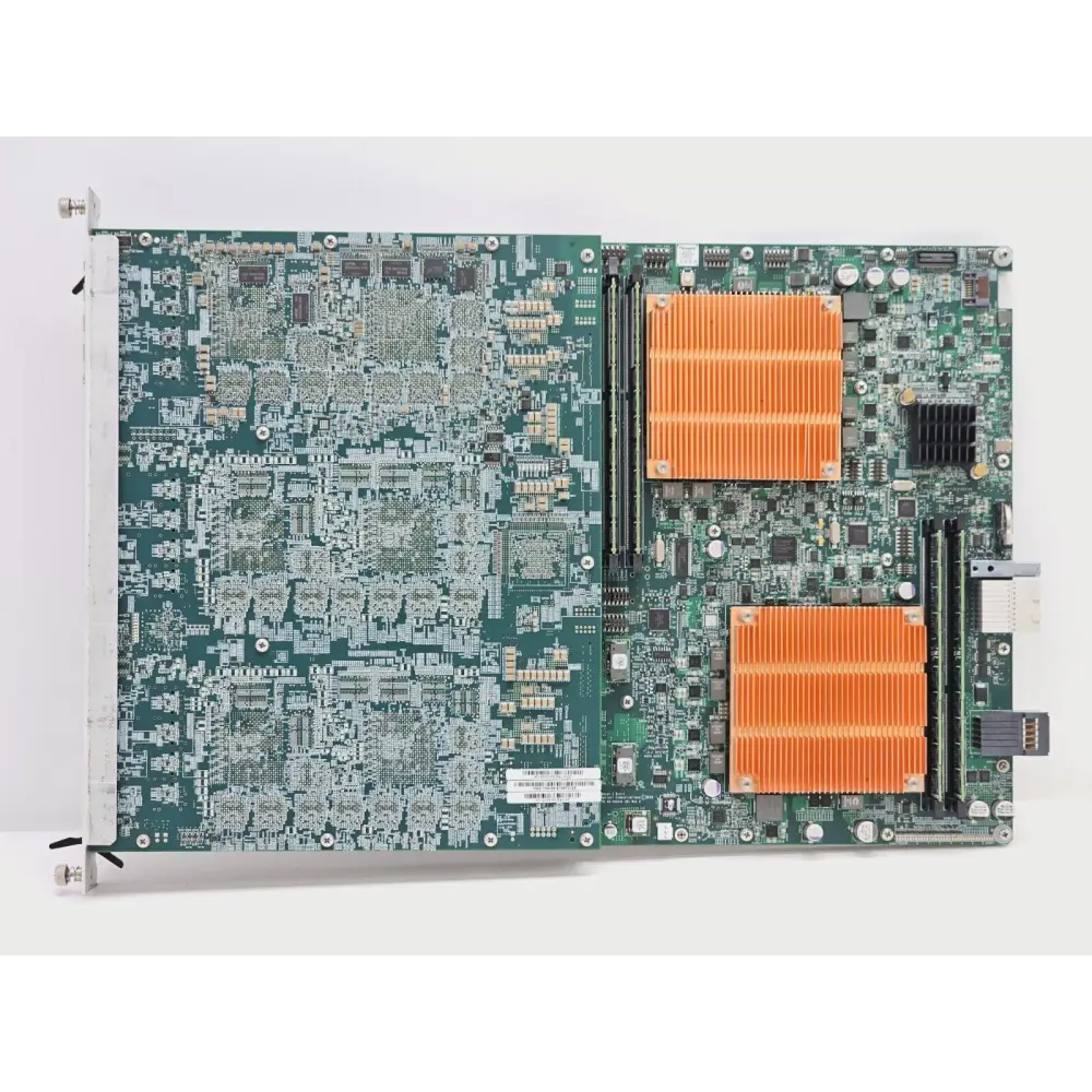Spirent MX2-10G-S4 full top-down PCB view showing dual orange heatsinks and layered board assembly