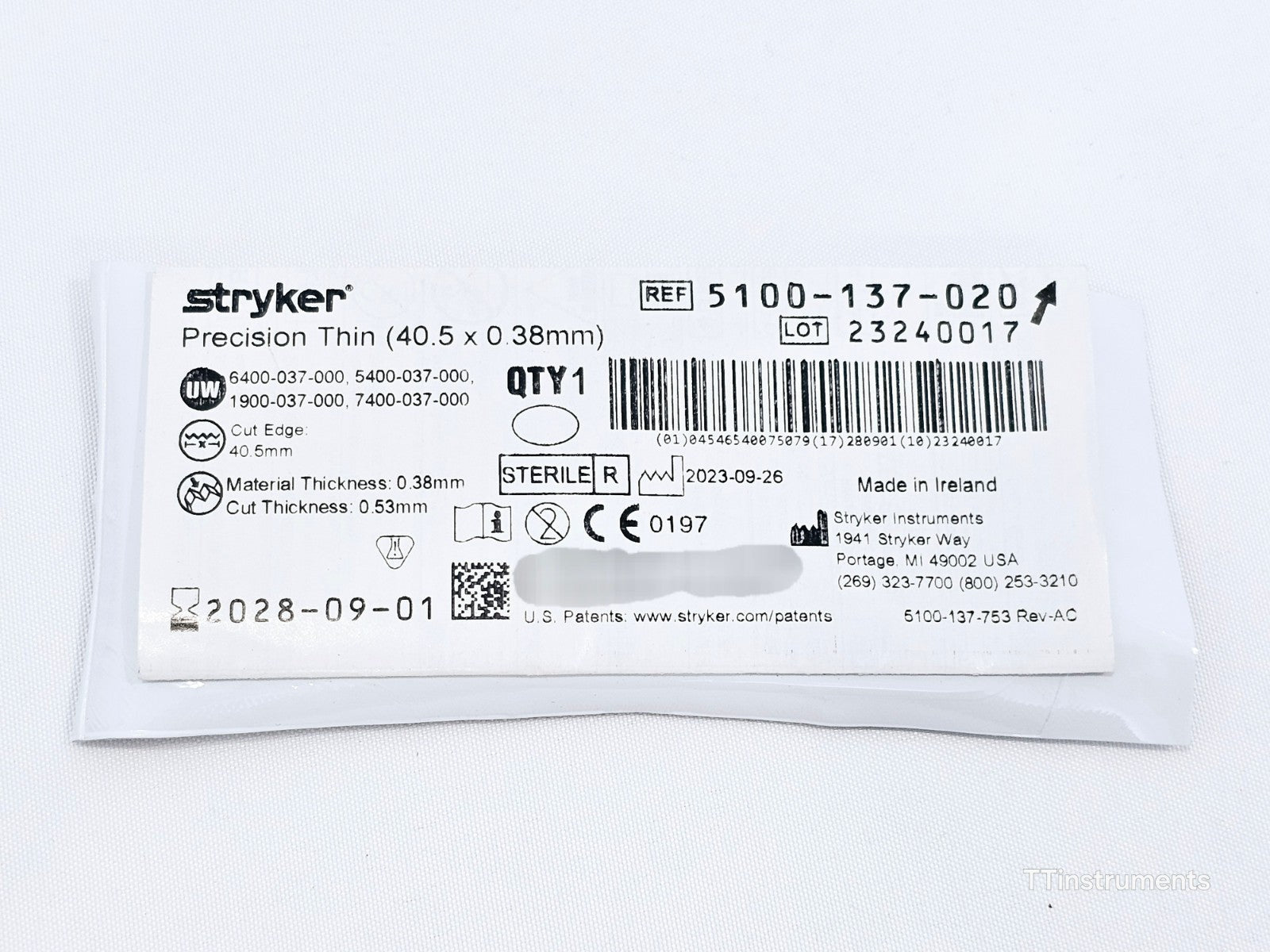 Stryker 5100-137-020 Reciprocating Saw Blade Precision Thin 40.5x0.38mm