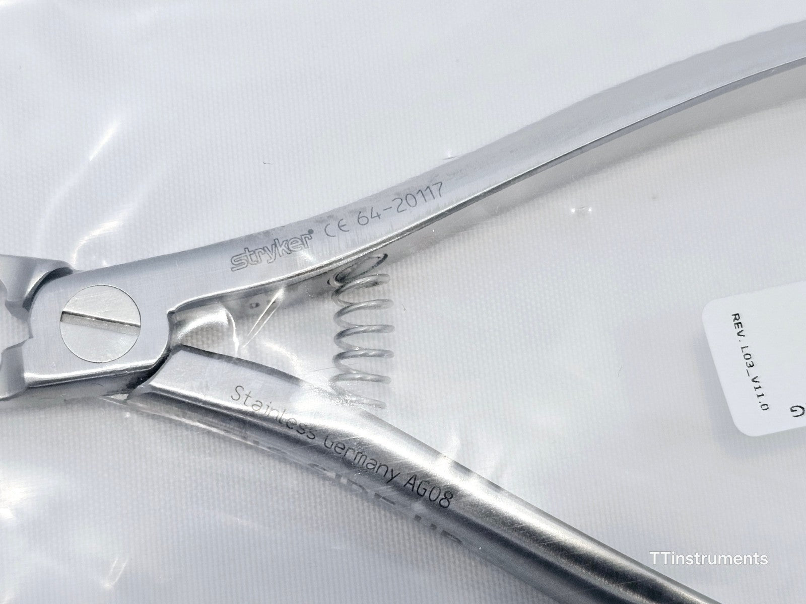 Stryker 64-20117 Distal Radius Bending Pliers close-up of part number label and tip