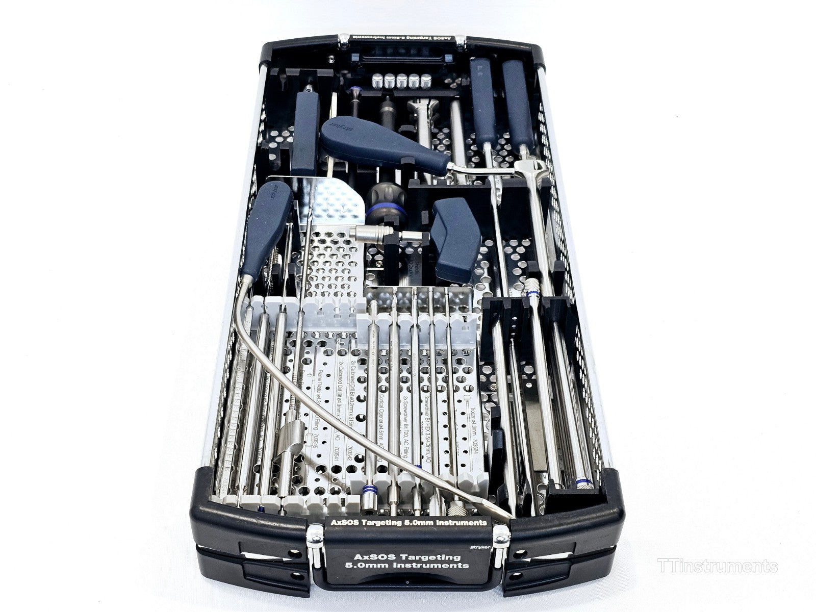 Stryker AxSOS 5.0mm targeting set angled close-up showing tissue sleeves, plate handle and tray label