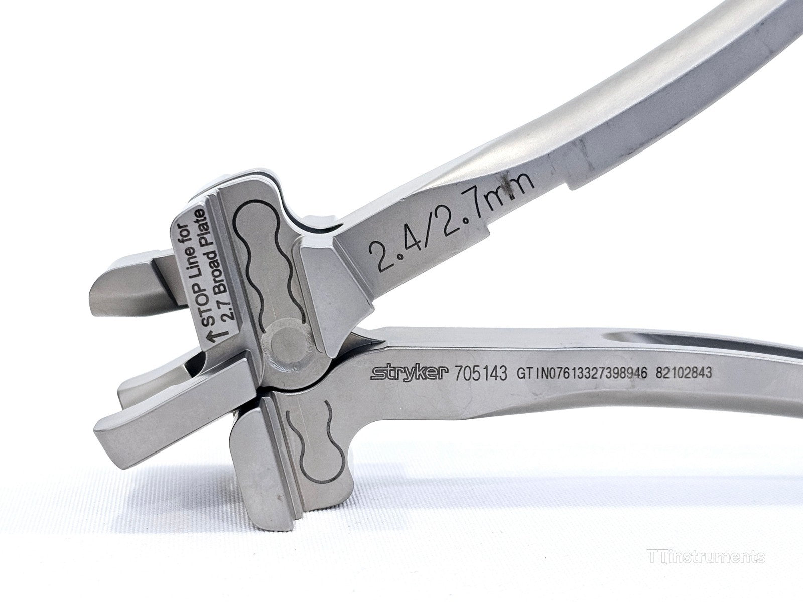 Stryker 705143 Plate Bender close-up of reference label and instrument markings