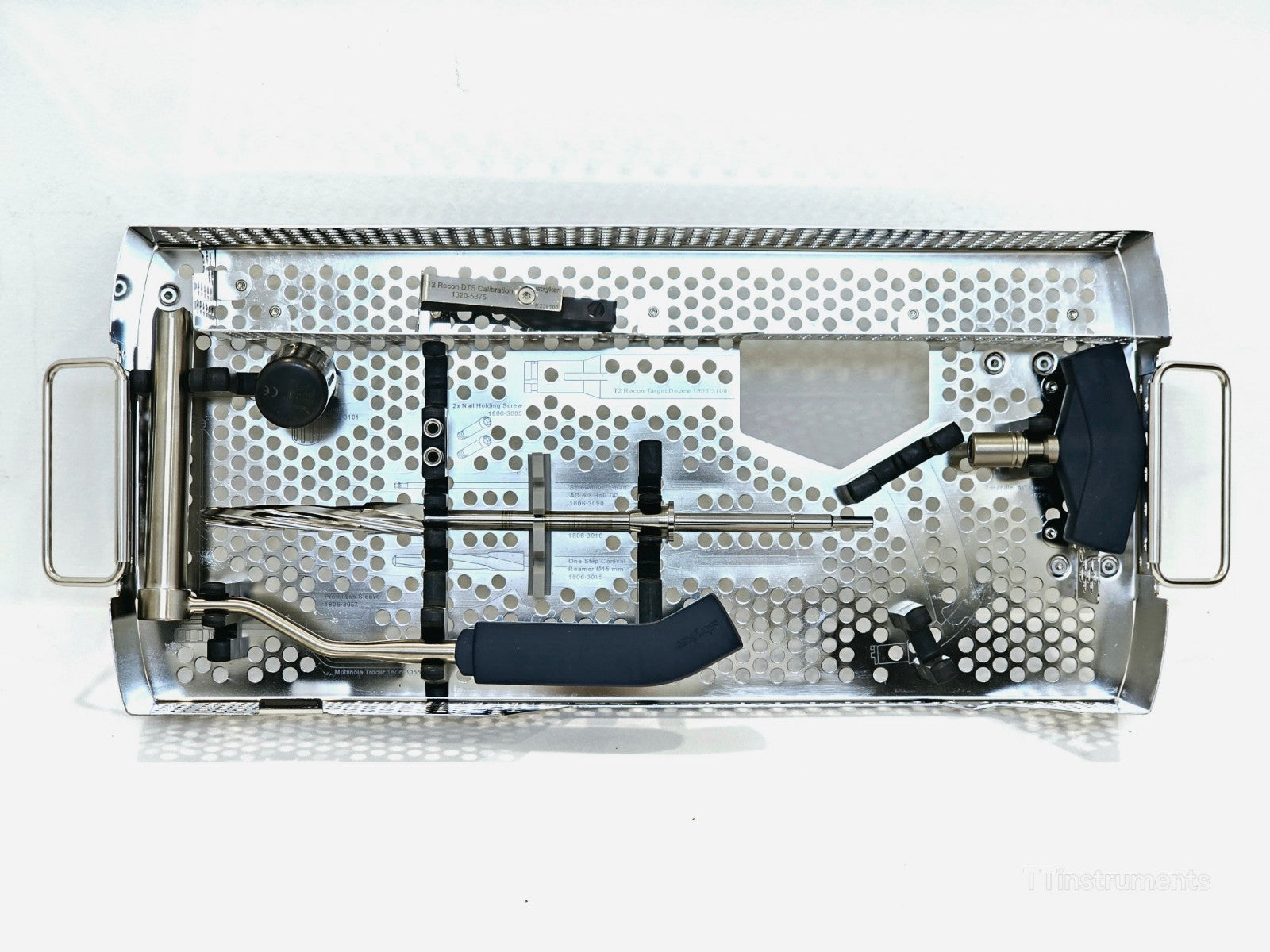 Stryker T2 Recon Instrument Set lower tray overhead view showing DTS calibration stand, nail holding screws and handles