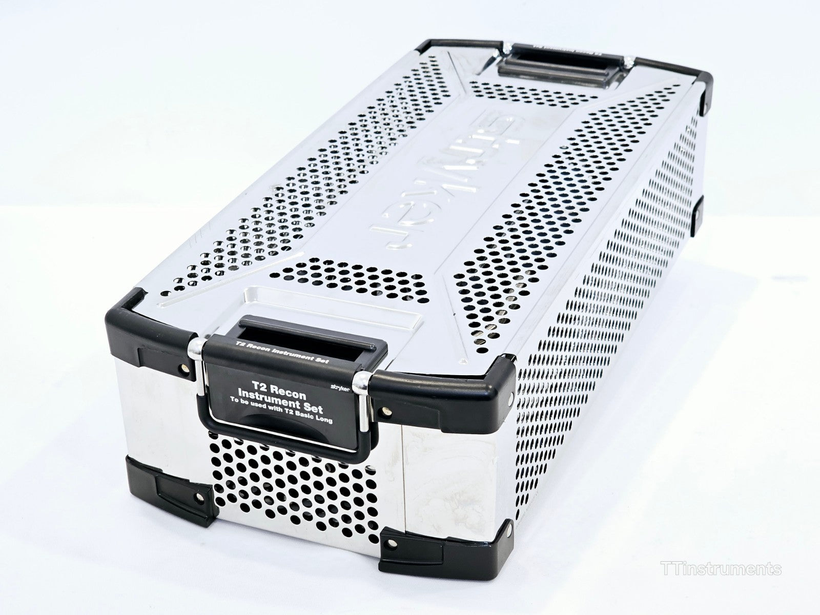 Stryker T2 Recon Instrument Set closed sterilisation tray exterior showing label: T2 Recon Instrument Set for T2 Basic Long