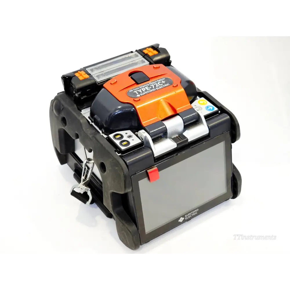 Sumitomo Type-72C+ fusion splicer open lid showing fibre alignment and arc chamber