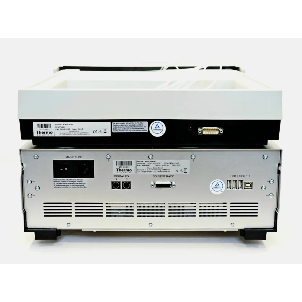 Rear panel of Dionex UltiMate 3000 HPG-3400SD pump and SRD-3600 showing USB, digital I/O, solvent rack connector, 2015 date label