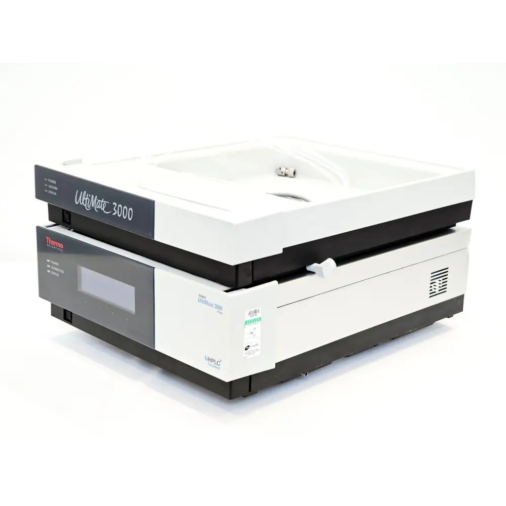 Thermo Scientific UltiMate 3000 SRD-3600 solvent rack stacked with TCC-3000SD column compartment, top-angle view