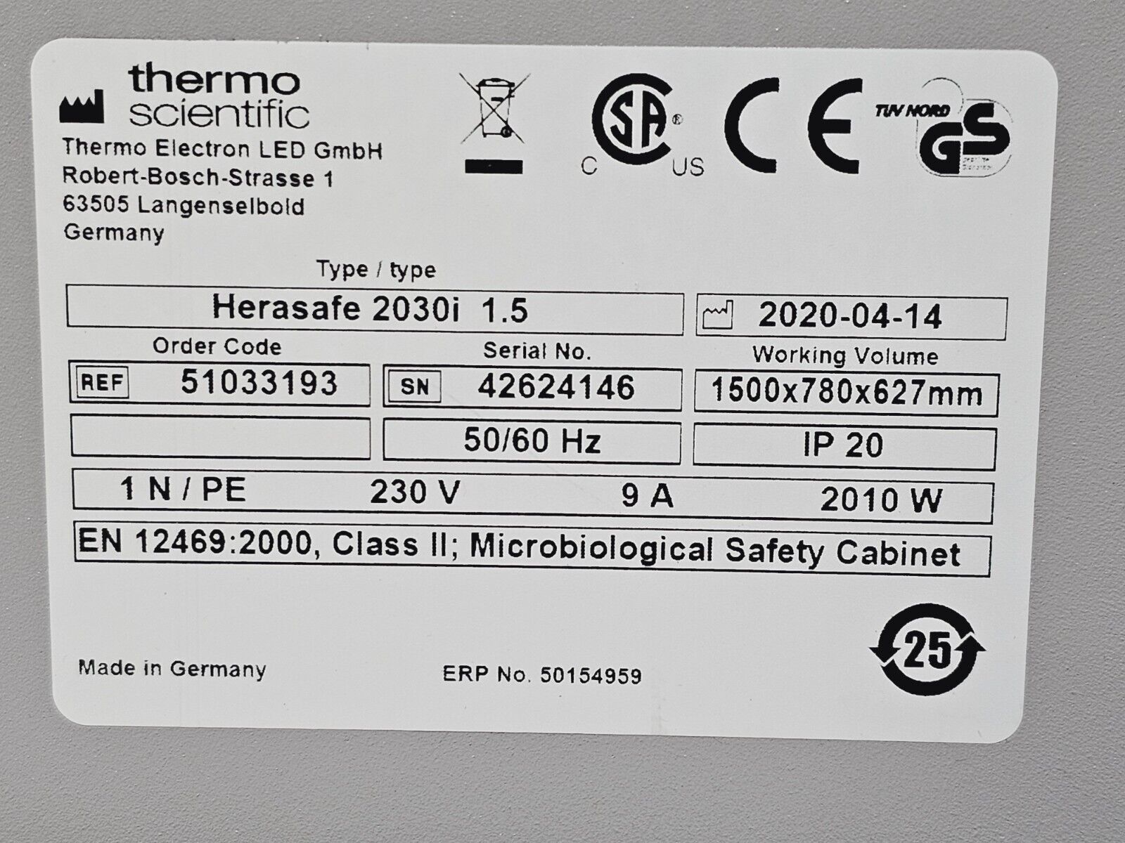 Thermo Scientific Herasafe 2030i 1.5 Micro-Biological Safety Cabinet MFD 2020