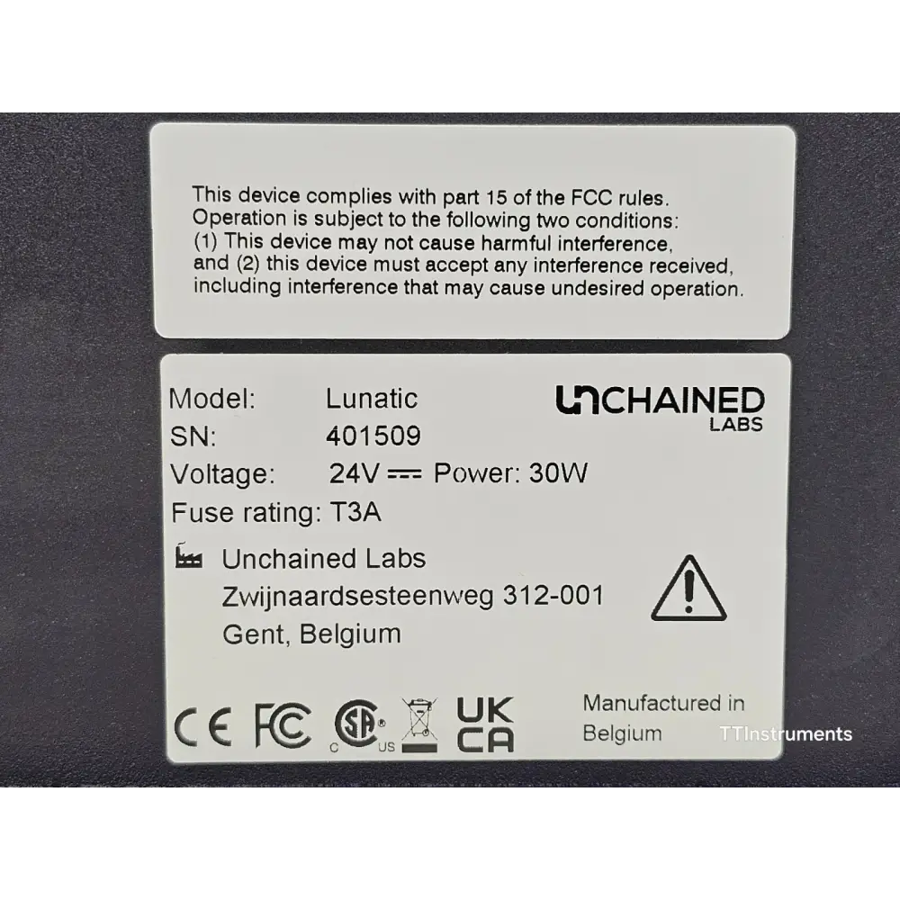 Unchained Labs Lunatic instrument label showing model number and serial identification
