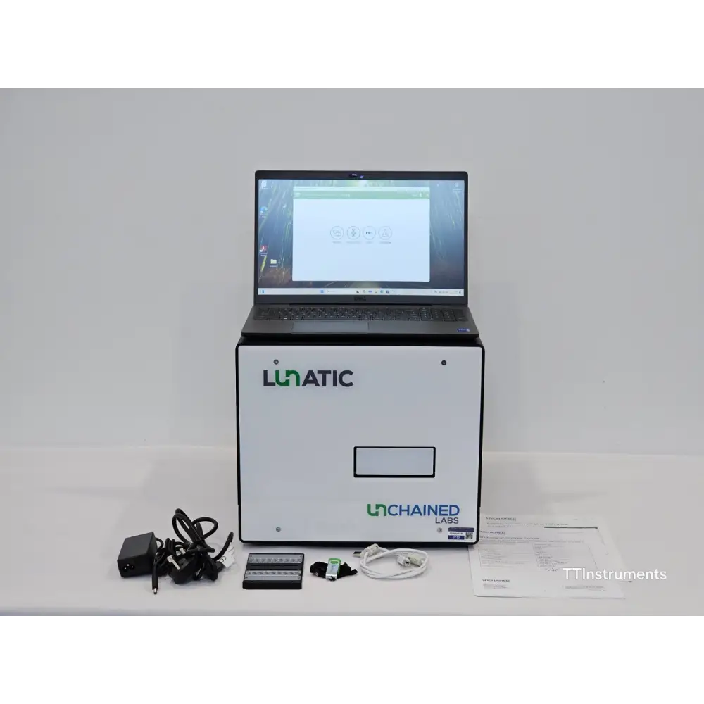 Unchained Labs Lunatic UV/Vis spectrophotometer front view showing instrument body and plate loading port