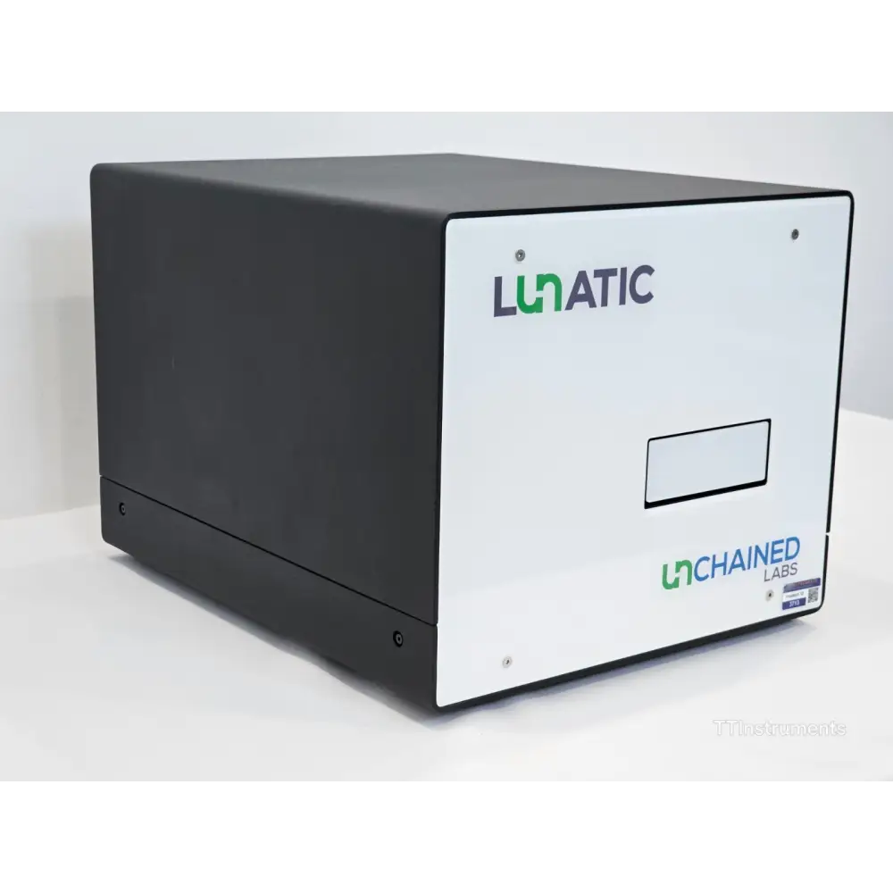 Unchained Labs Lunatic spectrophotometer left-side view with ventilation and connector panel visible