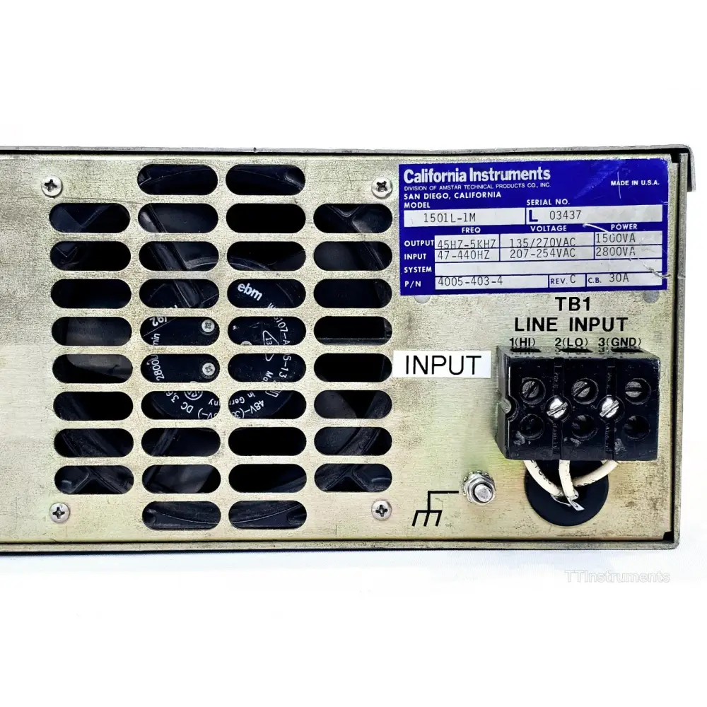 California Instruments 1501L close-up detail of front panel label and model identification