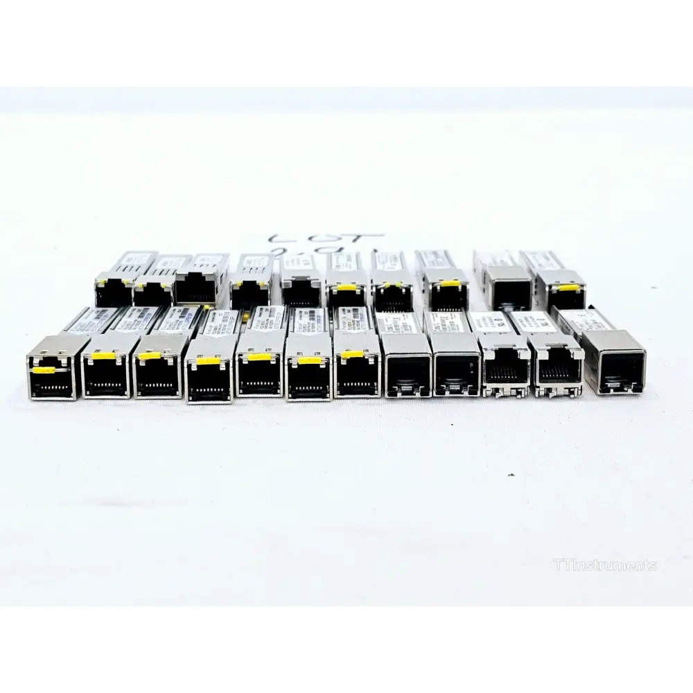 Close-up of assorted JDSU optical transceivers in untested job lot showing module labels