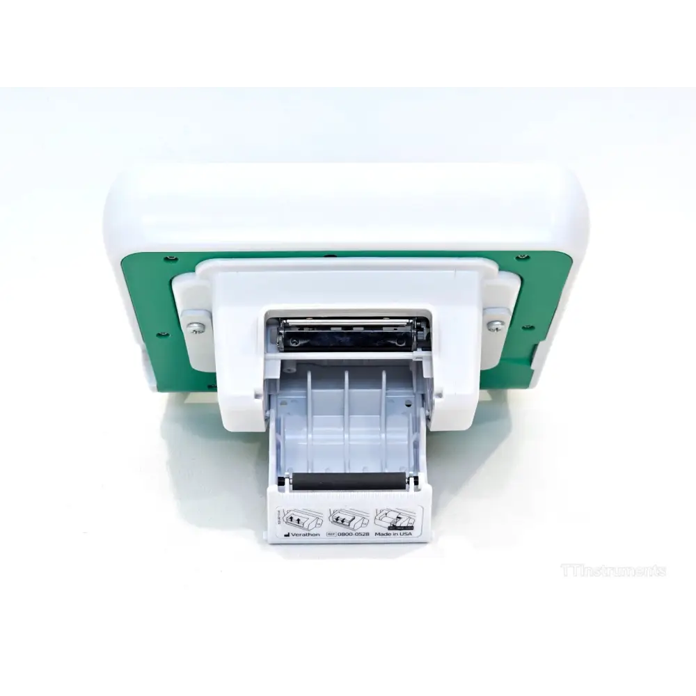 Verathon BladderScan Prime Plus 0570-0394 bottom view with integrated thermal printer drawer open and paper cassette visible