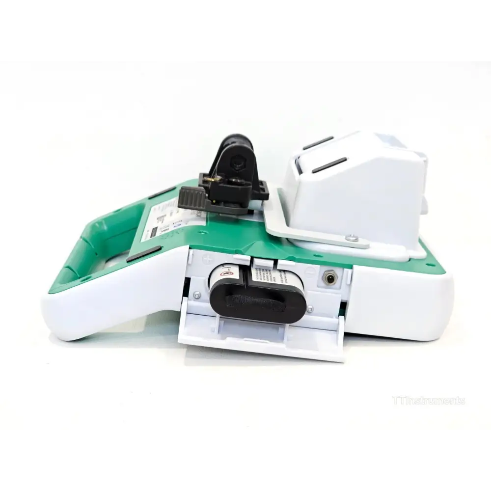 Verathon BladderScan Prime Plus 0570-0394 angled underside view with battery compartment open showing installed lithium-ion battery