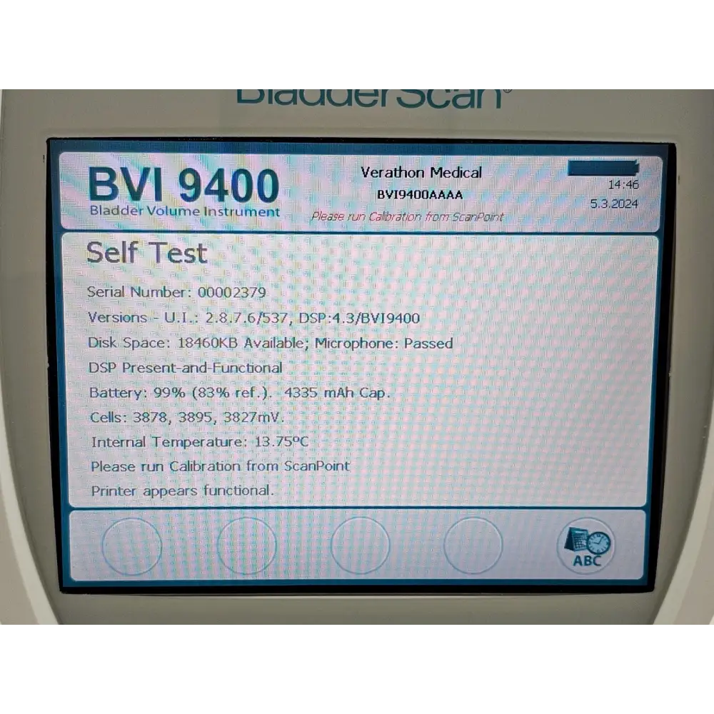 Verathon BVI 9400 BladderScan 0570-0190 product label and serial number detail