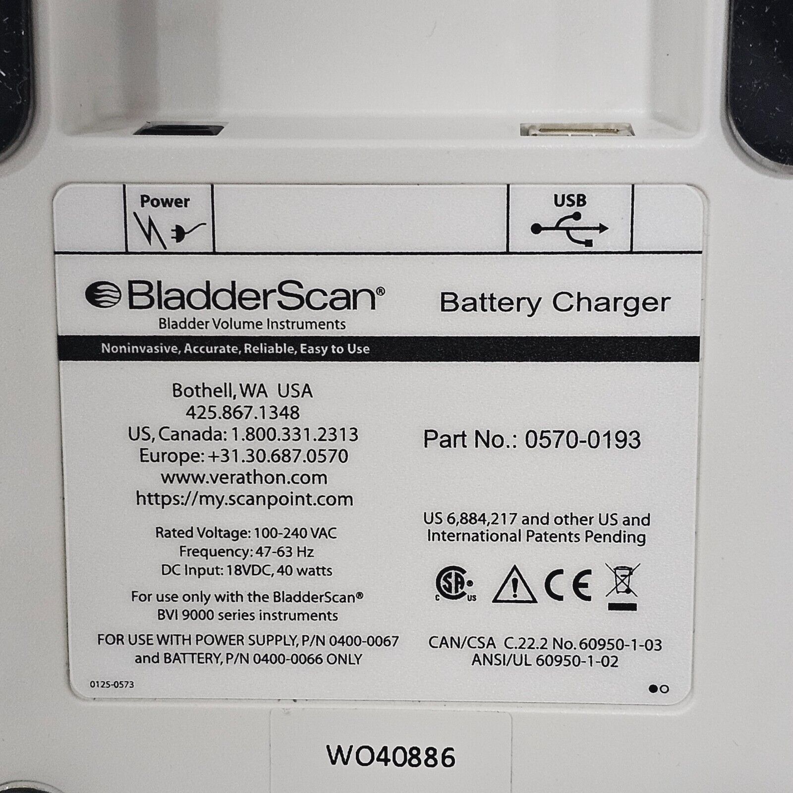 Verathon BVI 9400 BladderScan Charger 0570-0193 & 2 Batteries 0400-0066