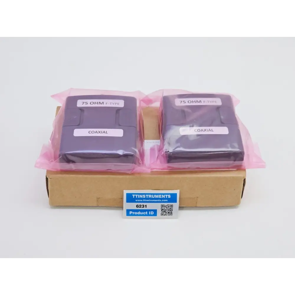 Viavi NGC-4500-COAX 75 Ohm F-Type coaxial adapter pair in anti-static bags inside cardboard box with TT Instruments product ID label 6231