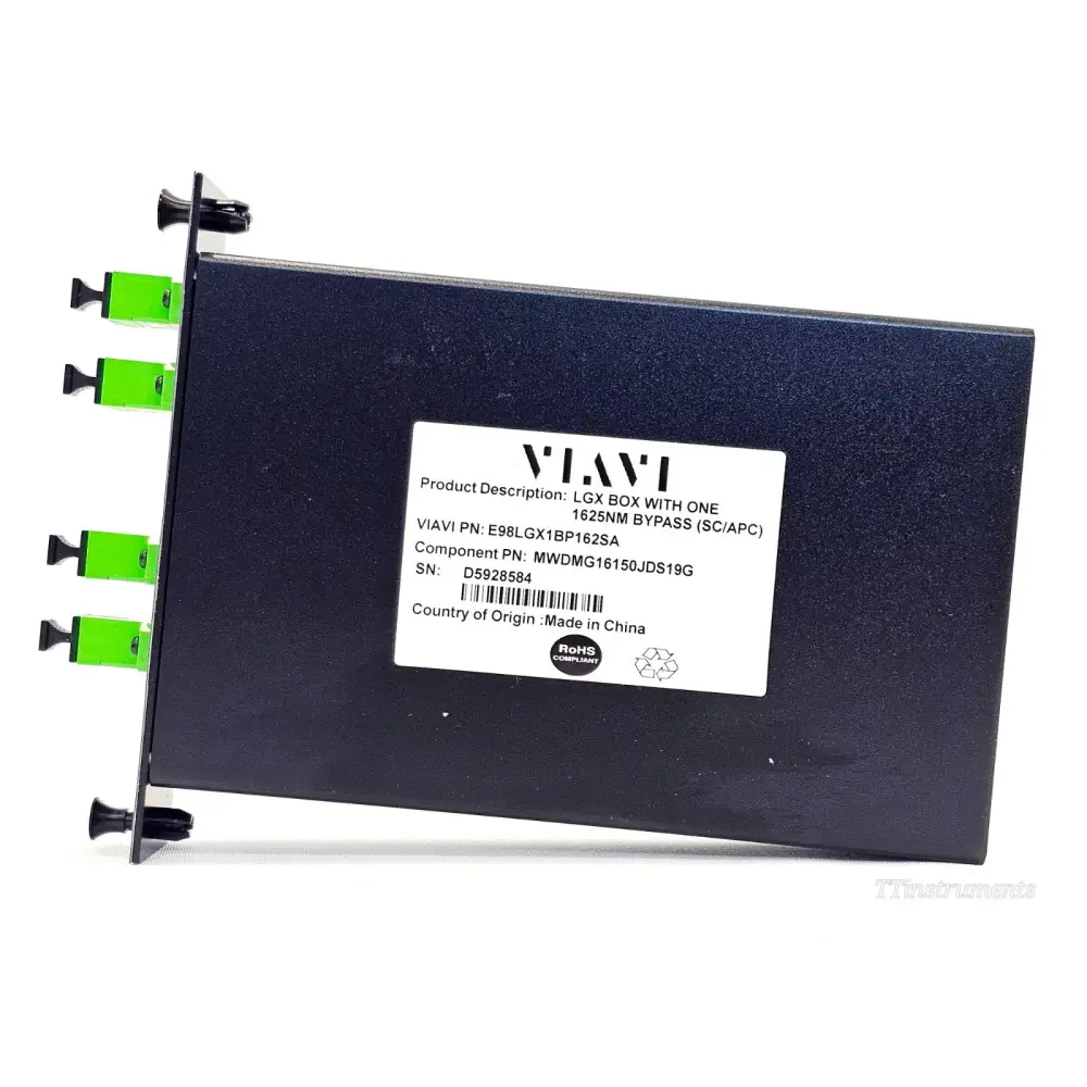 VIAVI E98LGX1BP162SA LGX Box rear/side view showing product label with PN E98LGX1BP162SA, CPN MWDMG16150JDS19G, SN D5928584, RoHS compliant badge