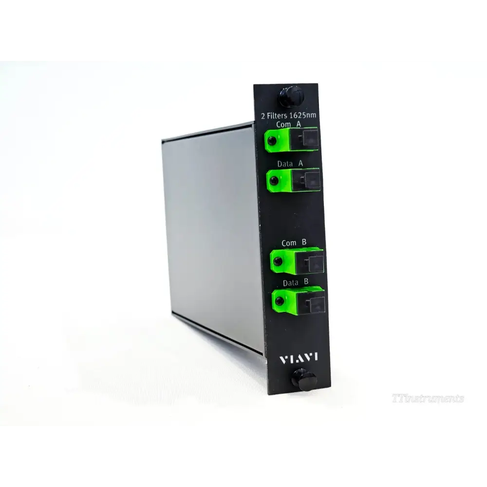 VIAVI E98LGX2F162SA LGX Box front panel close-up showing 2 Filters 1625nm label, Com A, Data A, Com B, Data B labelled green SC/APC connectors