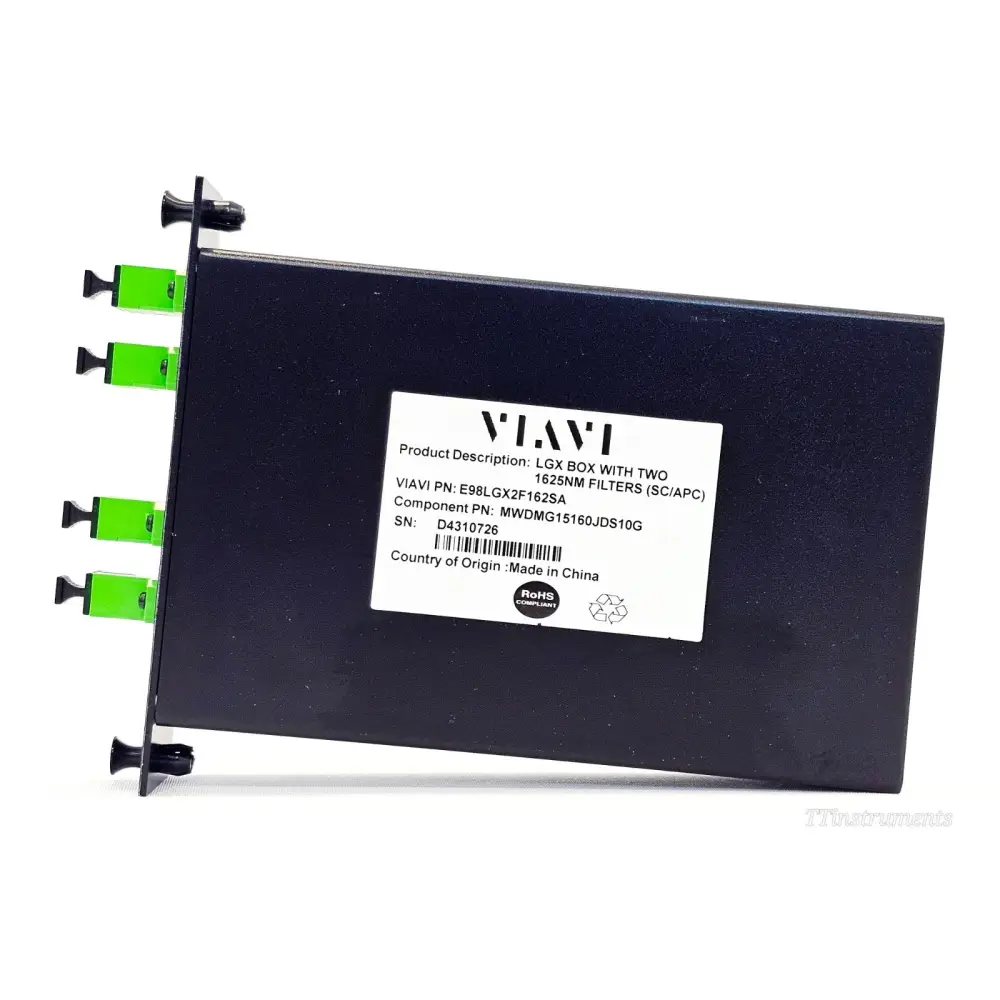 VIAVI E98LGX2F162SA rear label showing PN E98LGX2F162SA, Component PN MWDMG15160JDS10G, SN D4310726, RoHS compliant, four SC/APC ports visible