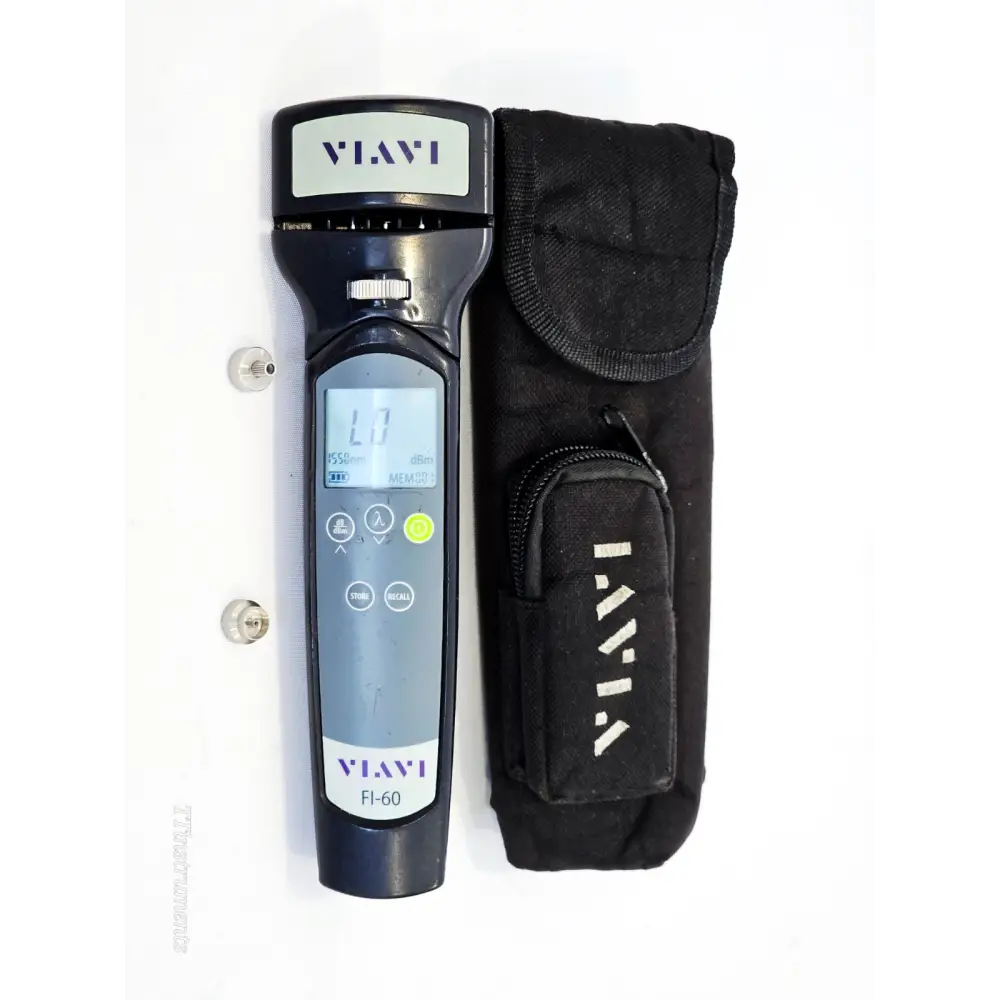VIAVI FI-60 Live Fibre Identifier & Power Meter front view with LCD display active, alongside black VIAVI zip carry case