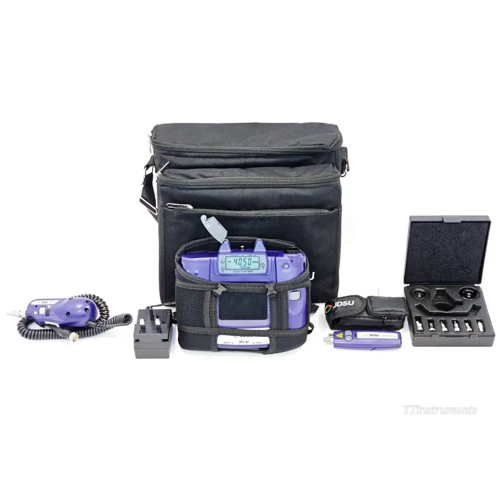 Viavi JDSU FIT-S205-PRO kit showing HP2-60-P4 display, FBP-P5 probe, VFL, 4 tips case, charger and carry bag