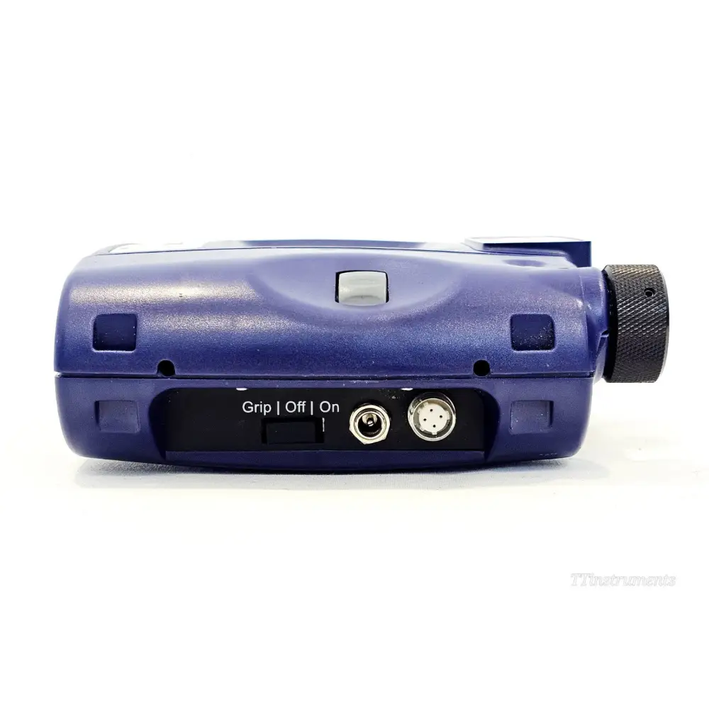 JDSU HP2-60 bottom view showing audio/data jack, belt clip hardware and scuffed purple casing detail