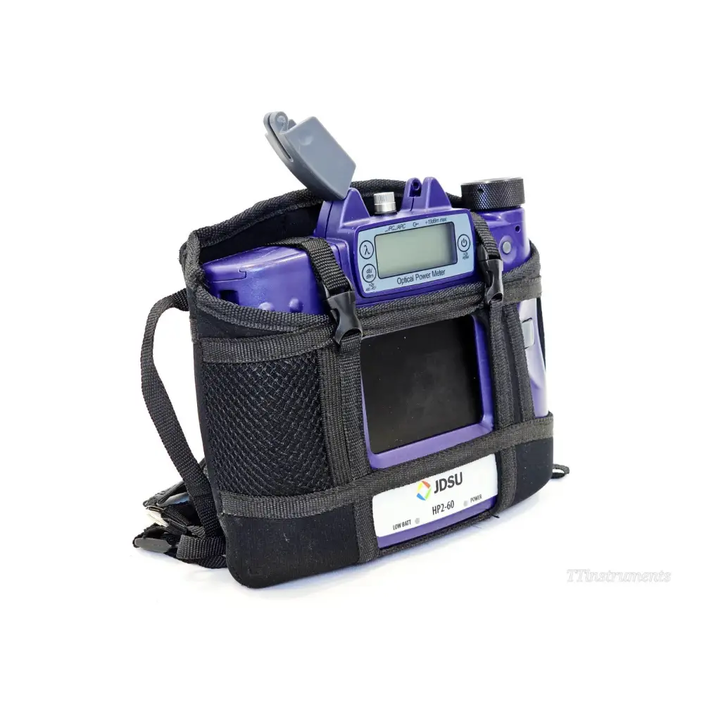 JDSU HP2-60 Optical Power Meter front face showing LCD display, wavelength and dB/dBm buttons, port cover open