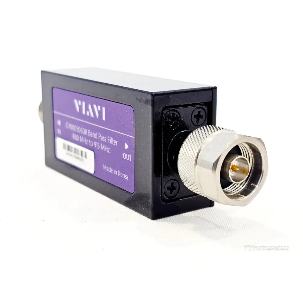 VIAVI G700050608 Band Pass Filter angled view showing N-male output connector and purple label