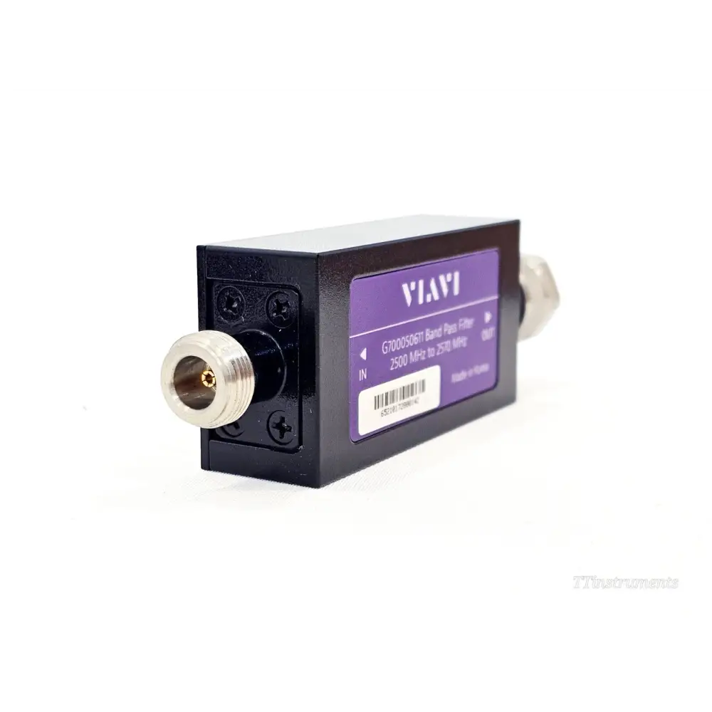 VIAVI G700050611 Band Pass Filter N-female input connector end, angled side view showing housing screws