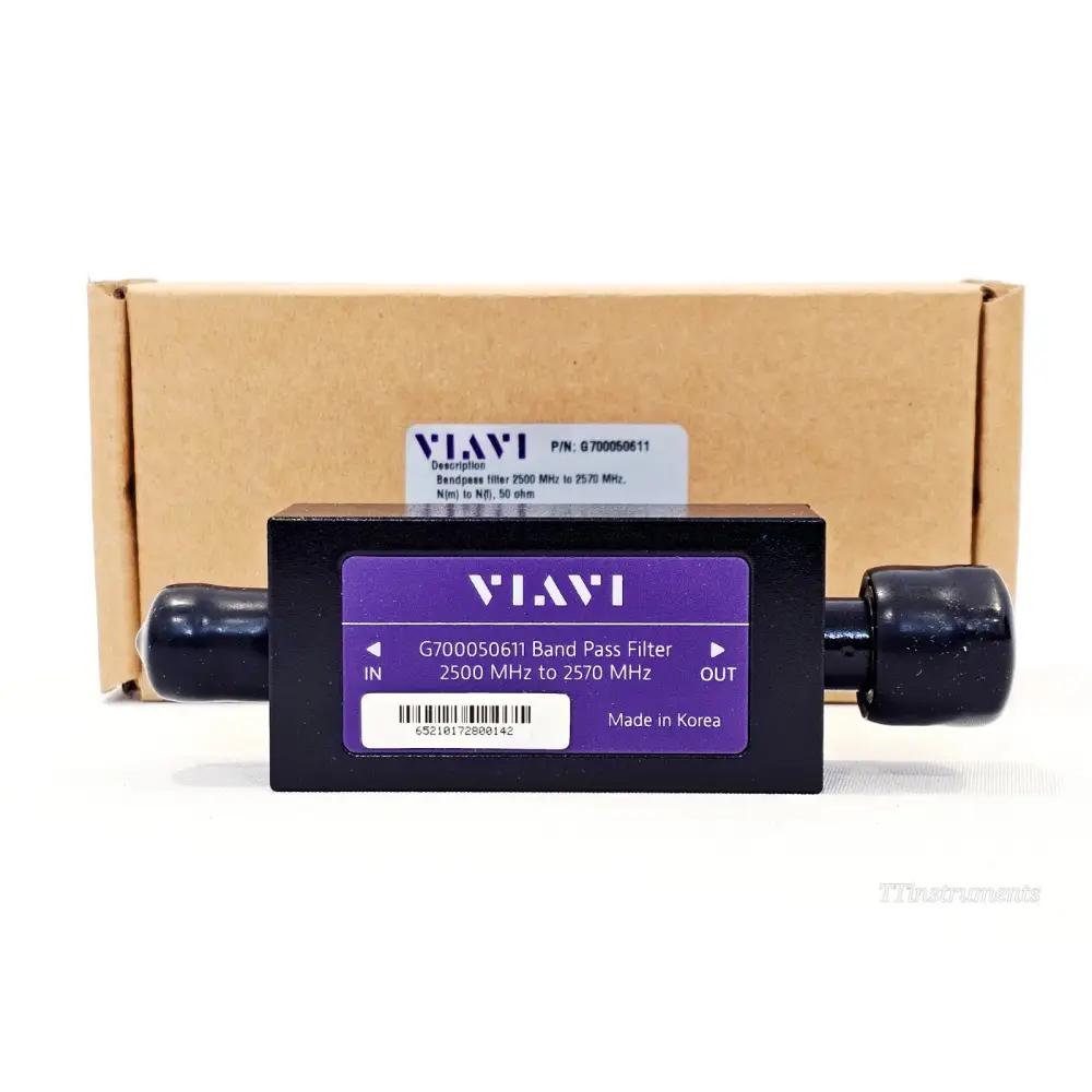 VIAVI G700050611 Band Pass Filter 2500–2570 MHz front view with purple label and original cardboard box