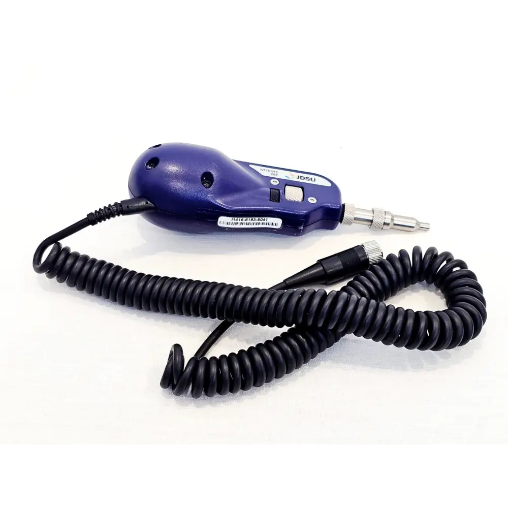 JDSU Westover FBP probe microscope rear view with serial label, coiled connection cable and locking connector end