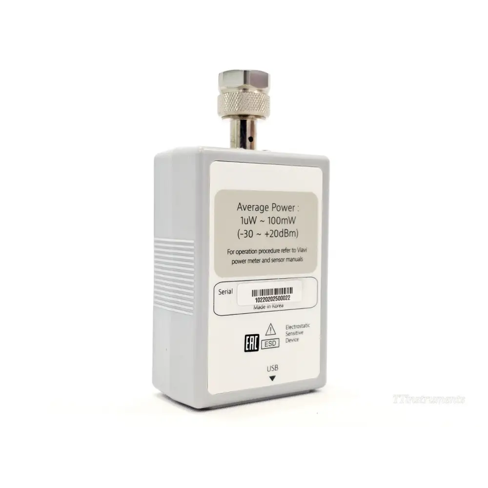 VIAVI JD732B rear label showing –30 to +20 dBm range, serial number and USB port location
