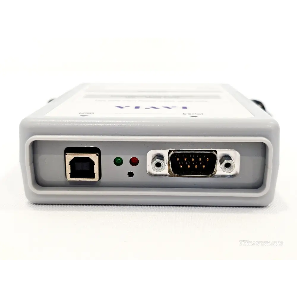VIAVI JD733A bottom edge showing USB Type-B port, green and red LED indicators, and DB15 serial connector
