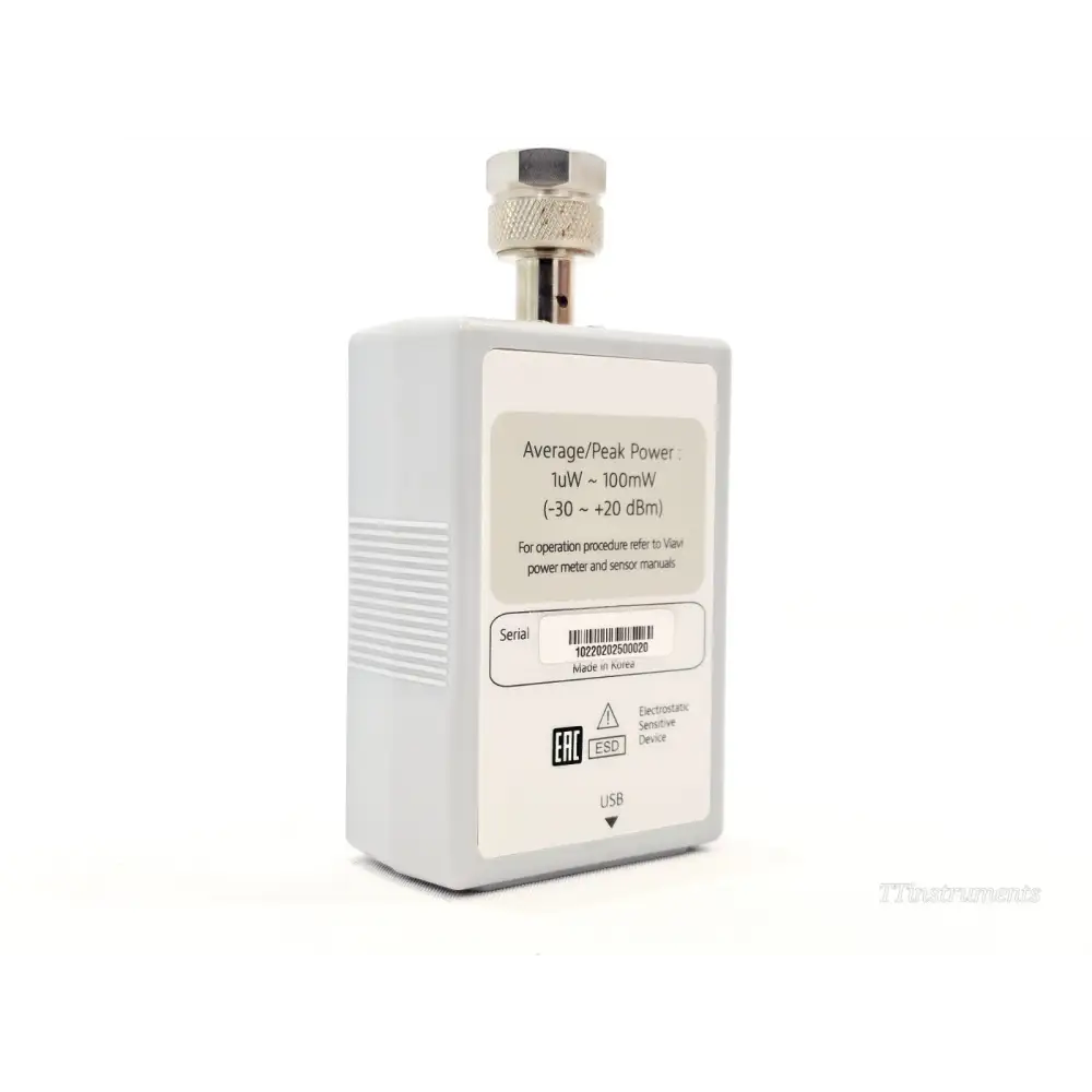 VIAVI JD736B rear label showing –30 to +20 dBm power range, serial number barcode and USB port