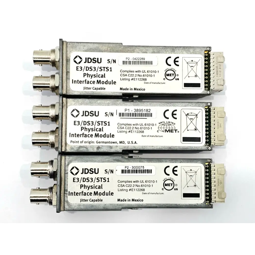 Side and rear view of Viavi JDSU E3/DS3/STS1 PIM modules showing module edge connectors